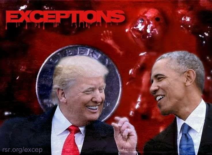 Photo of Donald Trump and Barack Obama laughing over an inserted backdrop of abortion exceptions